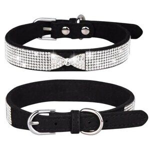 Rhinestone Studded Pet Collar with a bow in Black, Size S
